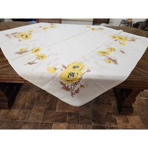 Vintage Linen Tablecloth 48x50 With Yellow, Black & Brown  Floral Design